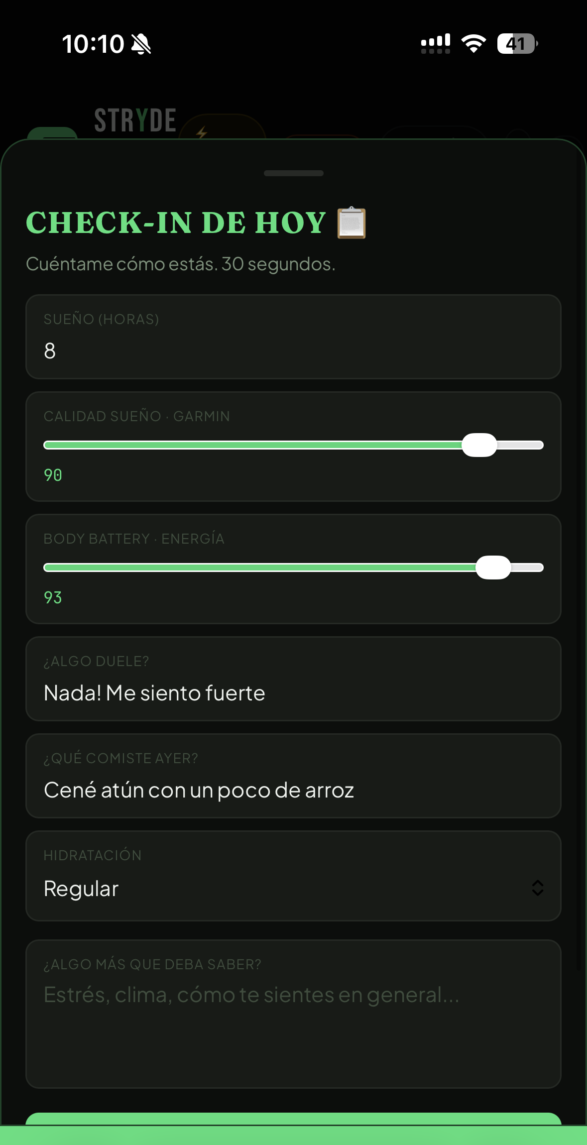 Pantalla de check-in diario: sueño, energía, dolor, hidratación