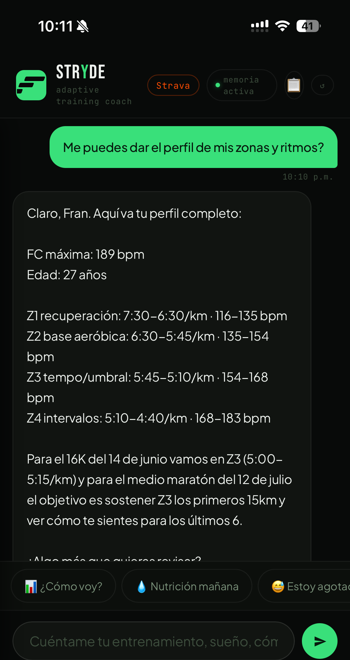 Perfil del runner con sus 5 zonas cardiacas personalizadas en bpm